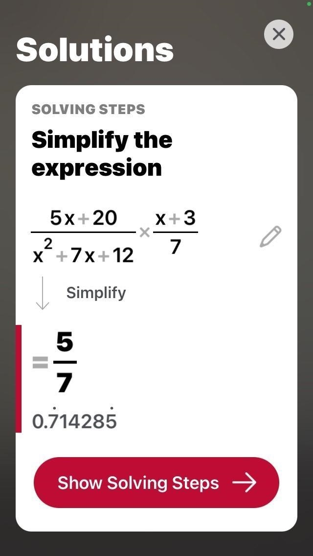 Simplify the expression completely: (5x+20)/(x^(2)+7x+12)*(x+3)/(7)-example-1