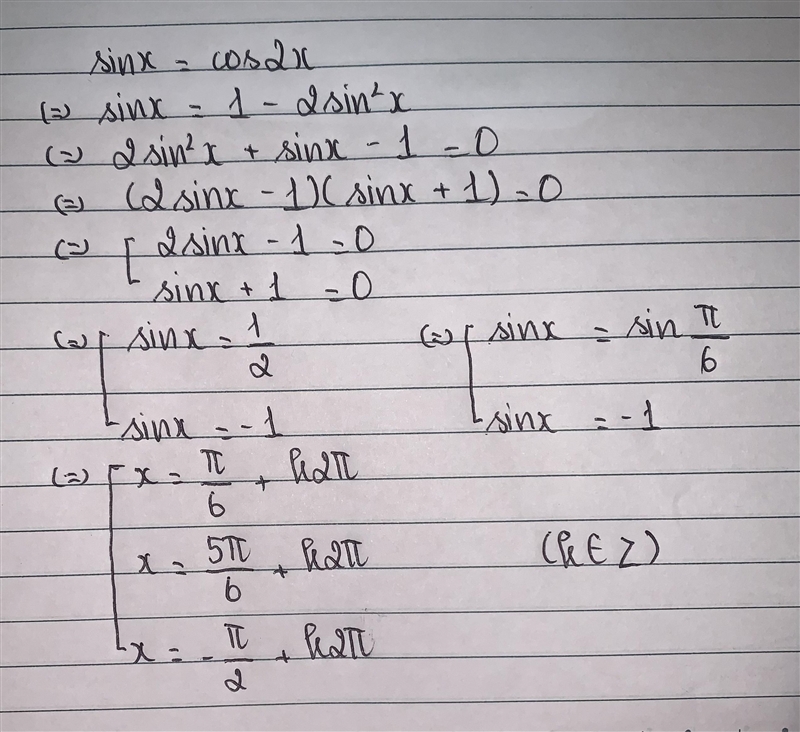 Giải phương trình lượng giác cơ bản sinx=cos2x-example-1