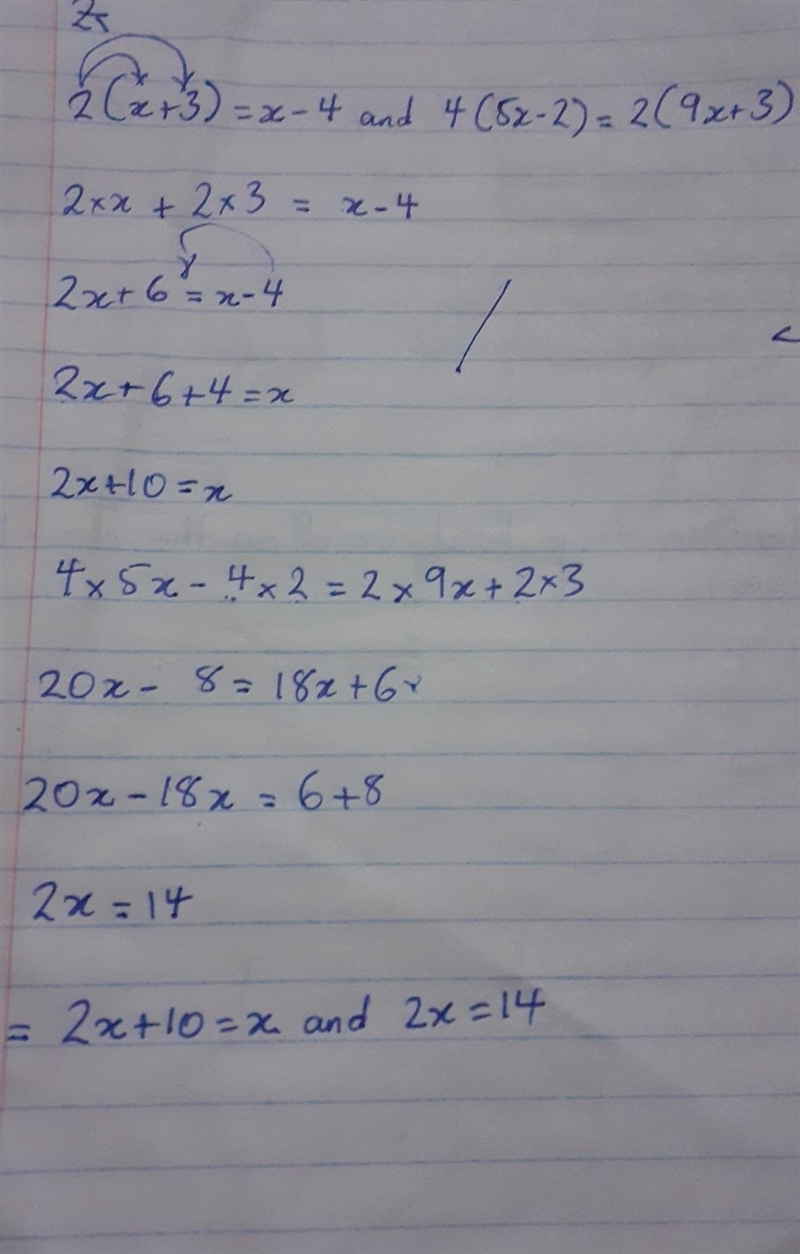 2(X+3)=x-4 and 4(5x-2)=2(9x+3)​-example-1