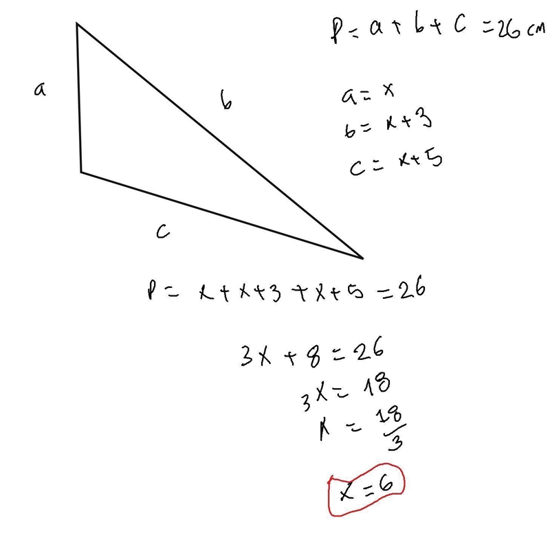 A triangle has a perimeter of 26 cm and sides of length x cm, (x + 3) cm, and (x+5) cm-example-1