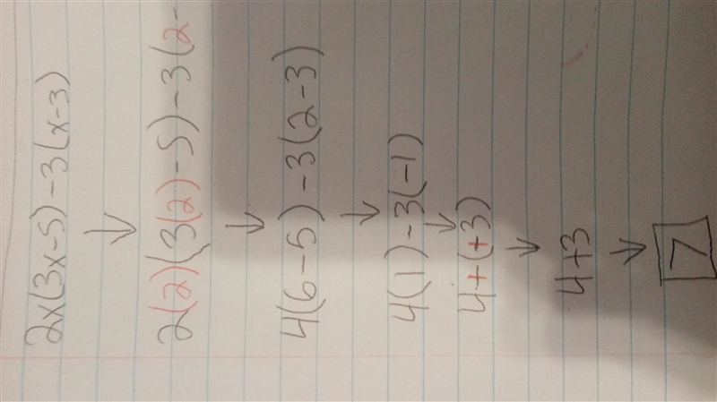 2x(3x -5) -3(x -3) for x = 2 SIMPLIFY THE FOLLOWING-example-1