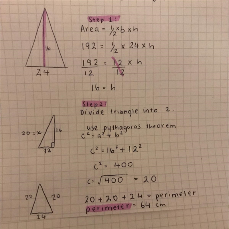 The base of an isosceles triangle is 24cm and its area is 192 sq.cm . Find its perimeter-example-1