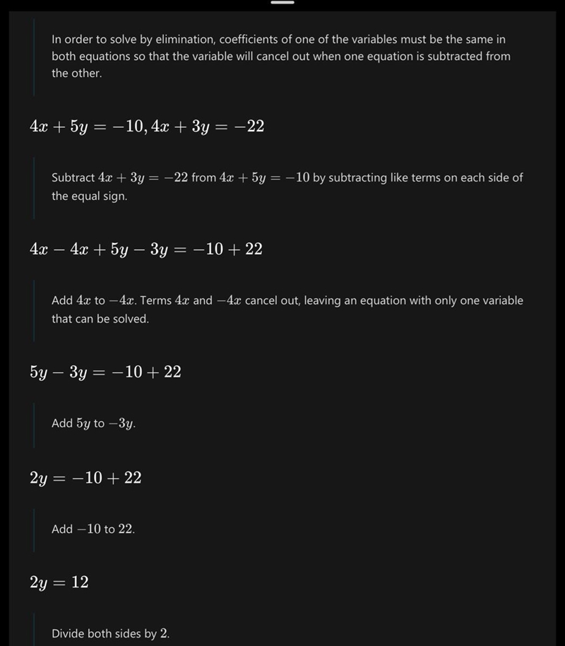 4x + 5y = -10 4x + 3y = -22 Solve by using the method of elimination-example-1