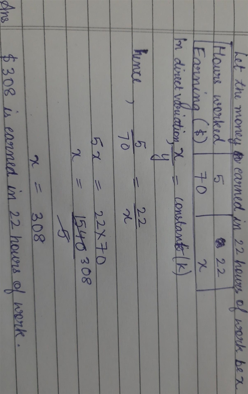 The amount of money earned on a job is directly proportional to the number of hours-example-1