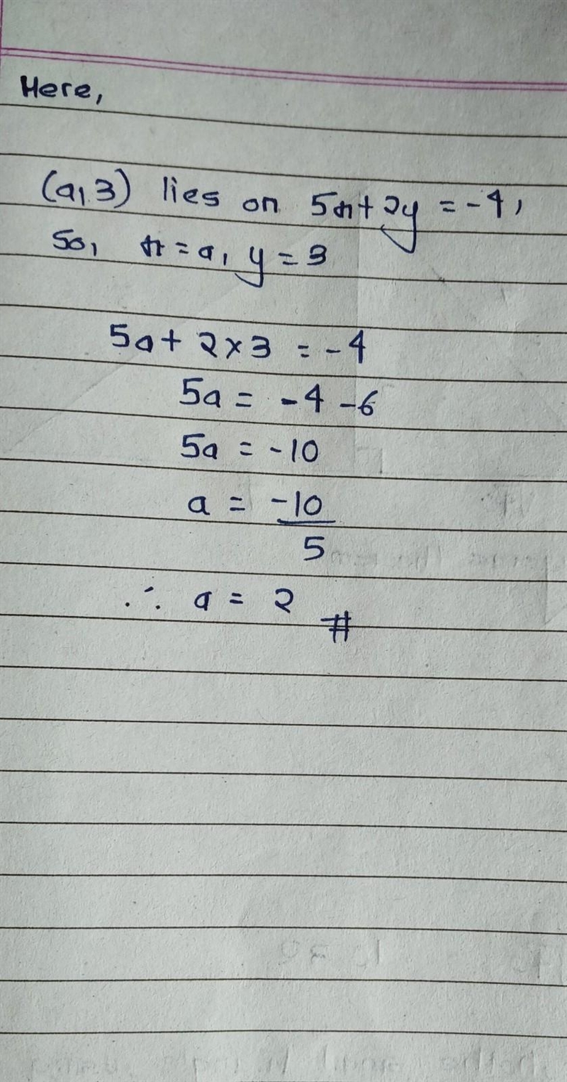 If (a,3) is the point lying on the graph of the equation 5x + 2y = -4, Then find a-example-1