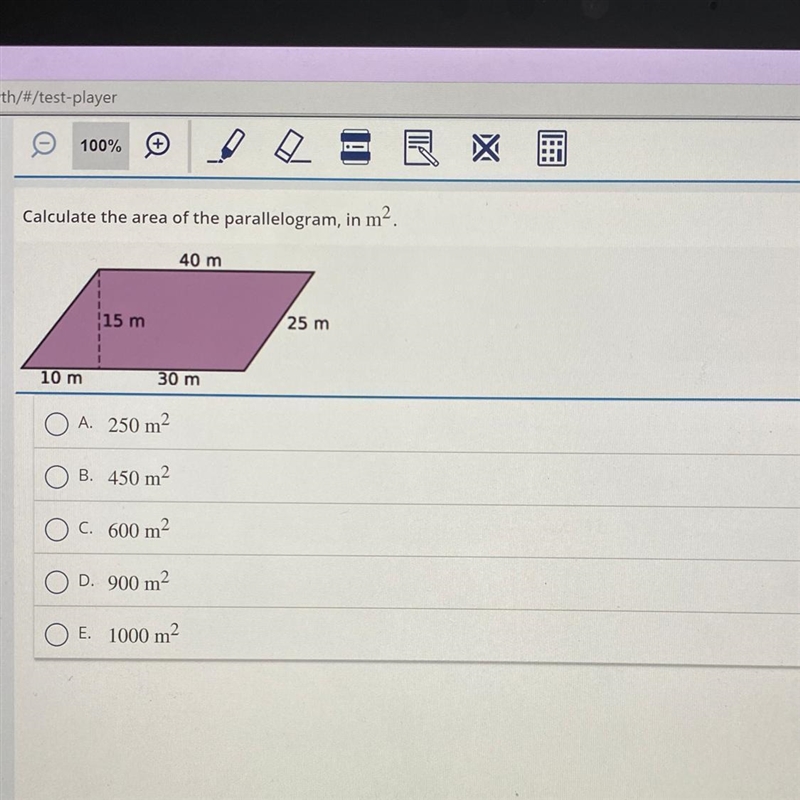 G 100% Calculate the area of the parallelogram, in mề. 40 m 15 m 25 m 10 m 30 m A-example-1