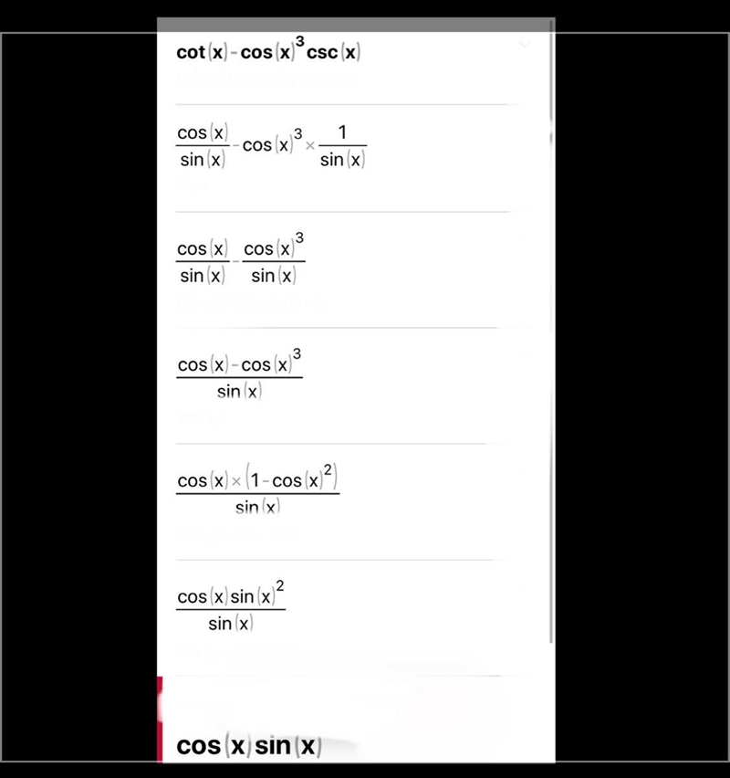 Simplify cot x - cos to the power 3 x csc x-example-1