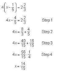 Leonardo is solving the equation 4 (x minus one-fifth) = 2 and two-thirds. His work-example-1