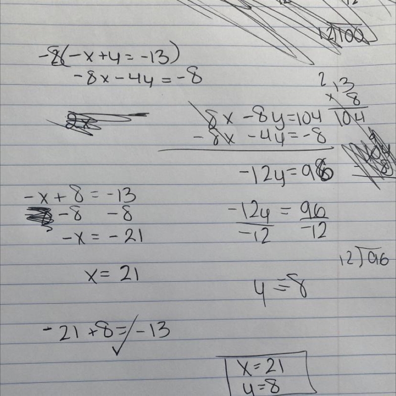 Solve the system of equations by elimination. -x + y = -13 -8x - 4y = -8-example-1