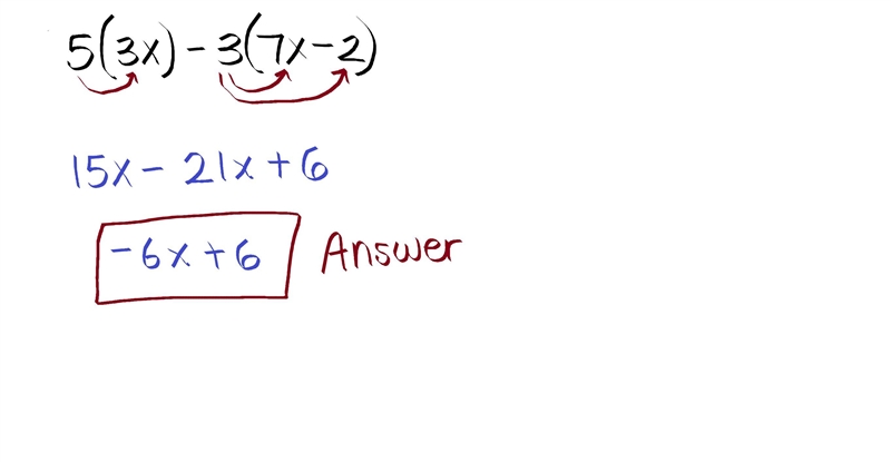 Simplify the following expression: 5(3x) - 3(7x - 2) �� 6x + 6 �� 36x + 6 �� 6 - 6x-example-1