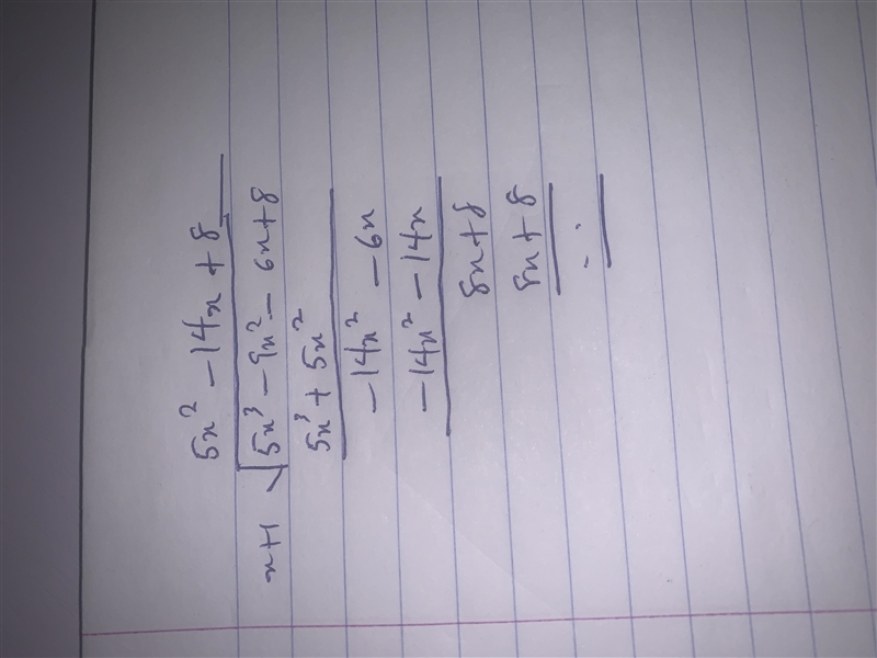 The polynomial p(x) = 5x^3 - 9x^2 - 6x + 8 has a known factor of (x+1). Rewrite p-example-1