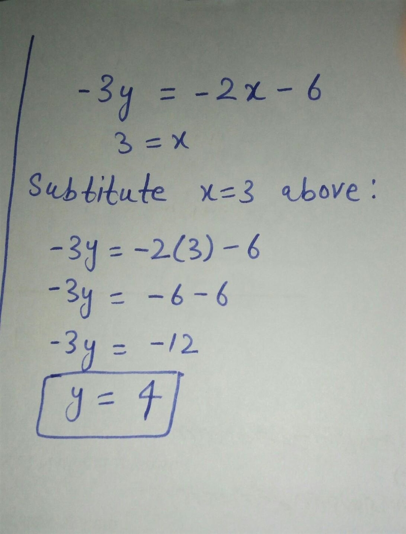 How many solutions are there to the following system of equations? -3y = -2x - 6 3 = x-example-1