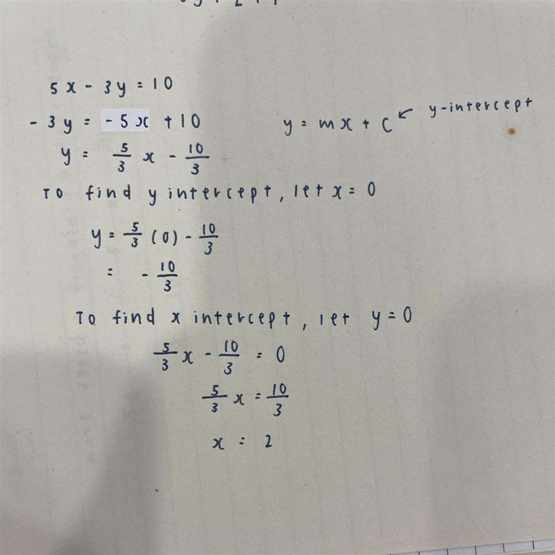 Find the y-intercept and x-intercept of the line. 5x-3y=10-example-1