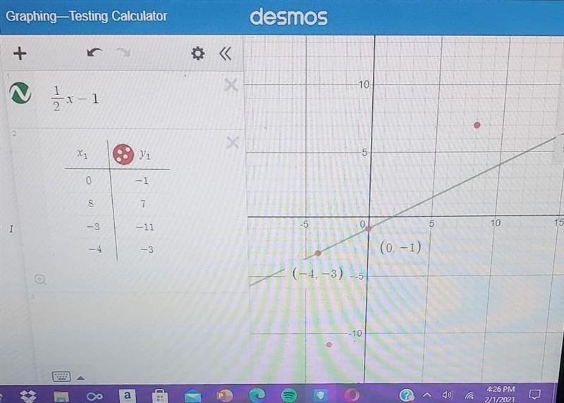 Select all the ordered pairs that satisfy the function: y=1/2x-1 a.(0,-1) b.(8,7) c-example-1