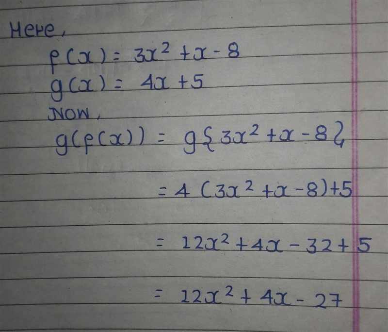 Find g(x)) when f(x) = 3x2 + x - 8, and g(x) = 4x + 5 I have no idea what she’s talking-example-1