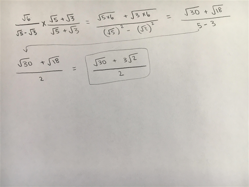 Rationalize the denominator and simplify √6/ √5-√3​-example-1