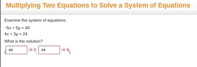 Examine the system of equations. -5x + 5y = 40 4x 3y=24 What is the solution-example-1