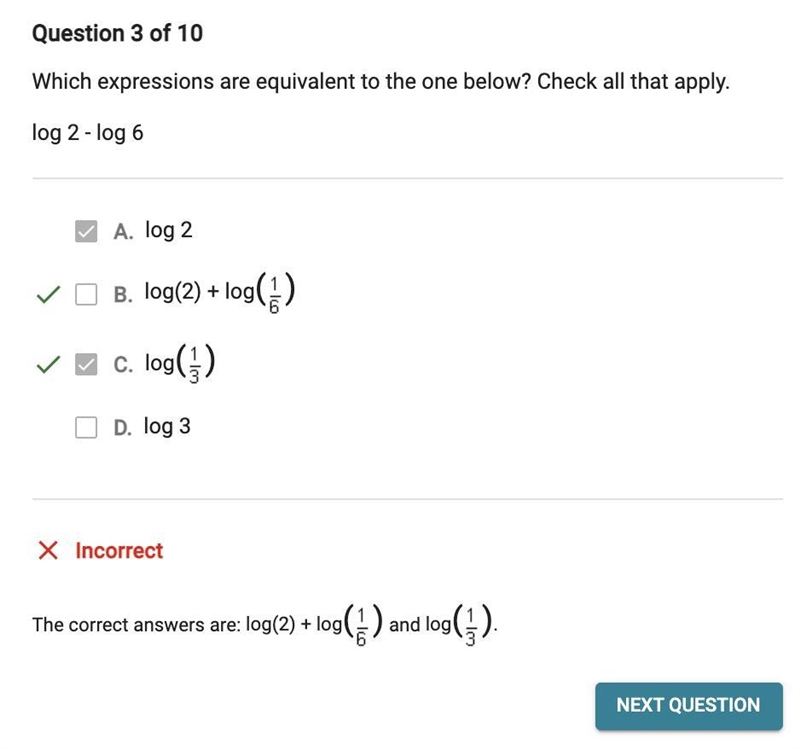 Which expressions are equivalent to the one below? Check all that apply. log 2 - log-example-1