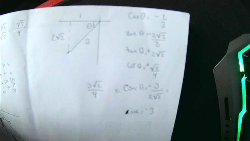 If cos⁡θ=-1/3 and θ is in quadrant III, find sin⁡θ,tan⁡θ,sec⁡θ,csc⁡θ,and cot⁡θ.-example-1