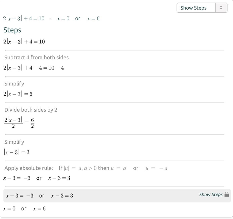 Please Help Me How do I solve for 2|x-3|+4=10 and show work-example-1