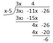 Divide using polynomial long division (3x2 - 11x - 26) = (x - 5)​-example-1