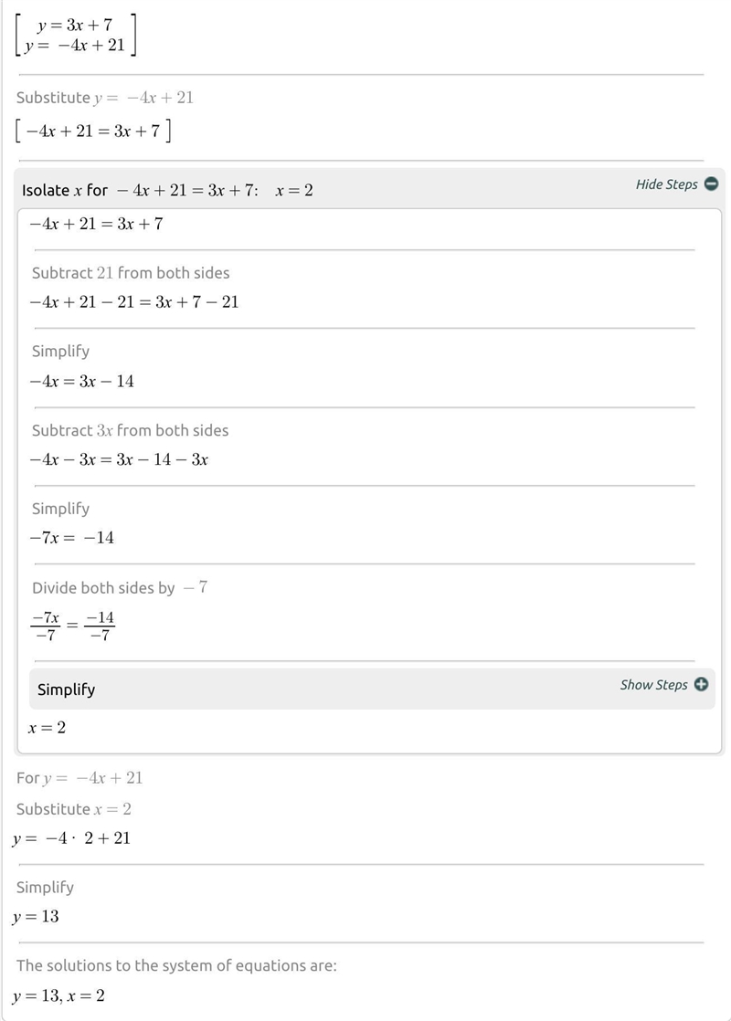 Y=3x+7 y=-4x+21 wuts the answer plz show work-example-1