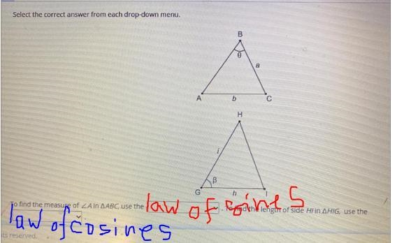 Select the correct answer from each drop-down menu. H To find the measure of Ain ABC-example-1