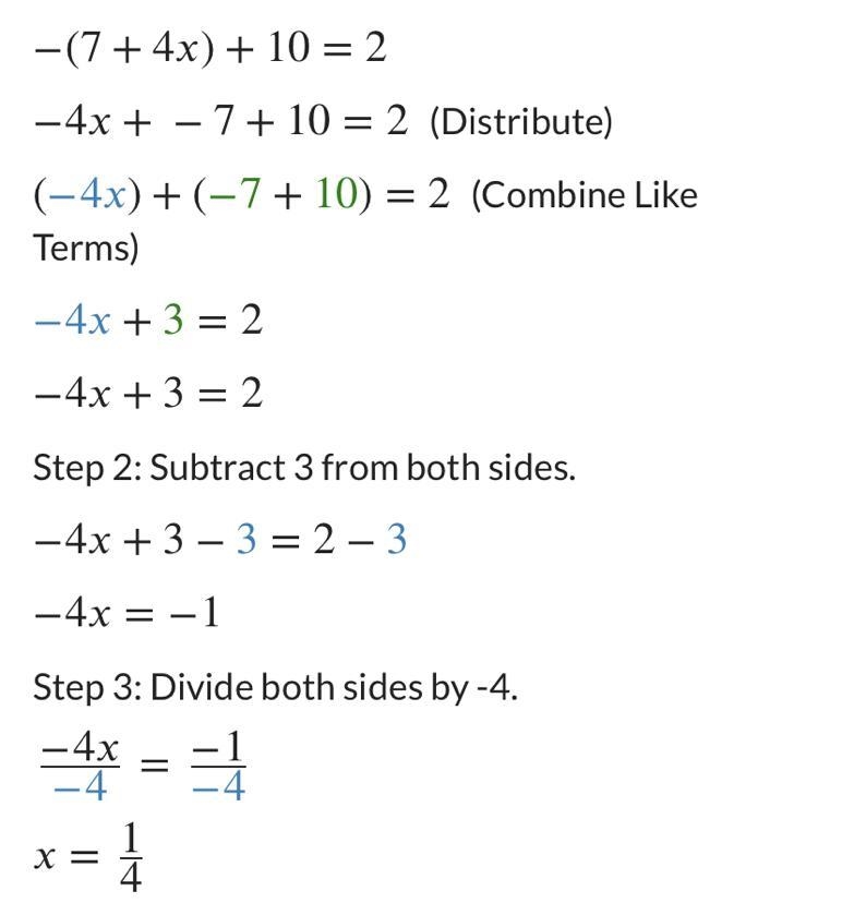 Solve for all values of x in simplest form. -[7 + 4x] + 10 = 2​-example-1