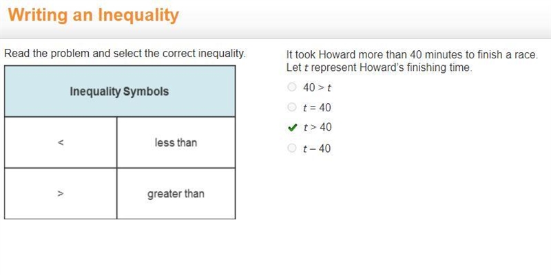 Read the problem and select the correct inequality. A table titled inequality symbols-example-1