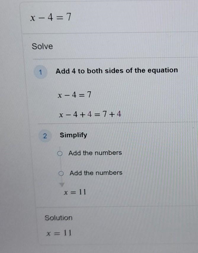 X - 4= 7 options- x + 8=0 x-11=0 x+11=0 x-8=0-example-1