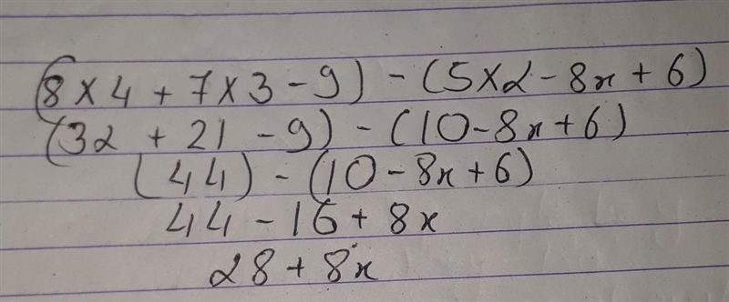 (8x4 + 7x3 - 9) – (5x2 - 8x + 6)-example-1