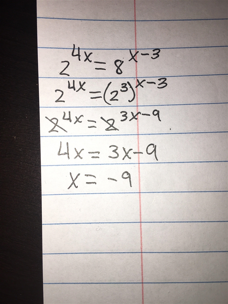 Help Pleases!! 2^4x=8^x-3-example-1