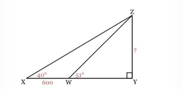 In ΔXYZ, ∠Y=90° and ∠X=40°. ∠ZWY=51° and XW=600. Find the length of ZY to the nearest-example-1