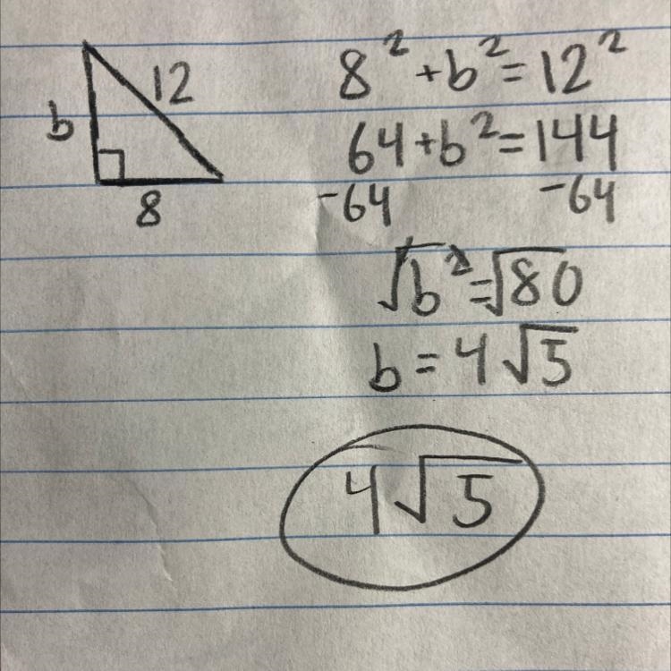 given a right triangle with a leg of 8 m and a hypotenuse of 12m and determine the-example-1