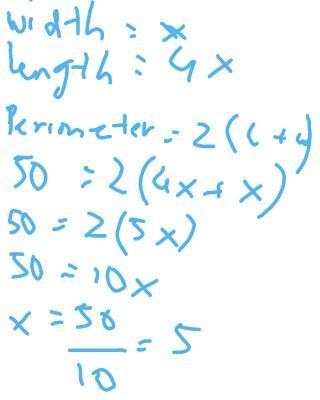 A rectangle is 4 times as long as it is wide. the perimeter of a rectangle is 50cm-example-1