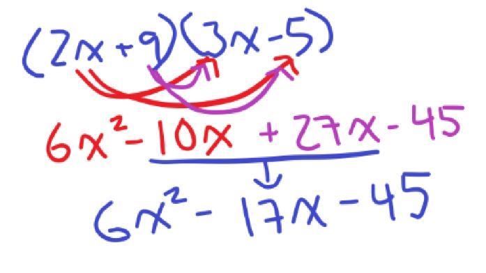 Multiply the binomials and simplify your answer. (2x+9)(3x-5)-example-1