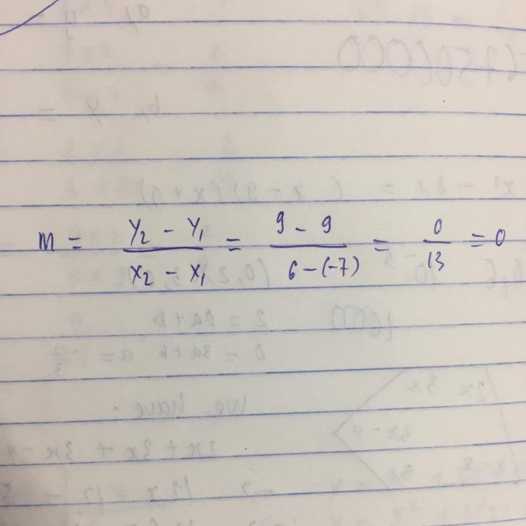 Find the slope of the line passing through the points (-7,9) and (6,9)-example-1