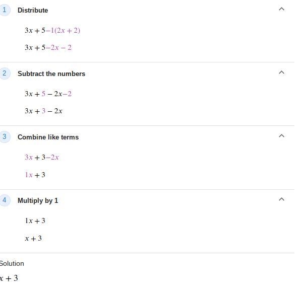 Find the Difference. 3x + 5 - (2x + 2) How do I do this step by step?-example-1