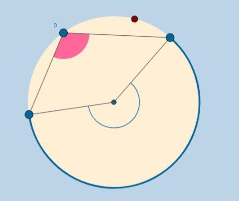 How does the measure of the pink inscribed angle compare with the measure of the blue-example-1