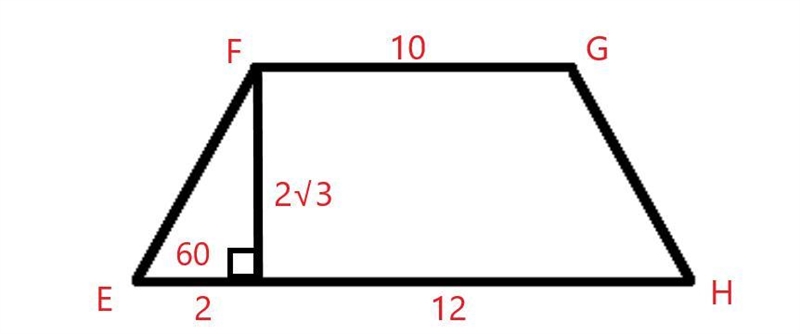 In isosceles trapezoid EFGH, FG parallel EH, FG=10, GH=12, and ∠E=60. Find the area-example-1