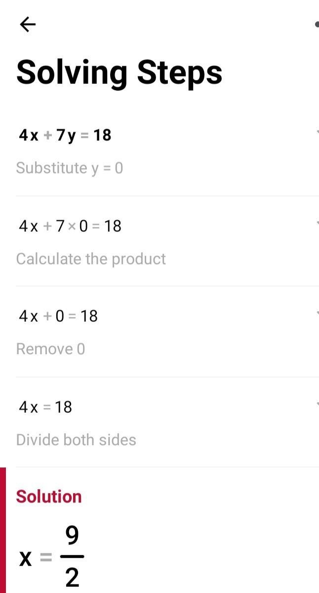 Solve the following system of equations. 4x + 7y= 18 - 7x - 8y = -23 X = y =-example-2