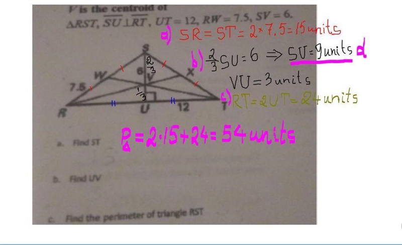 Find ST, find UV, Find the perimeter of triangle RST, find SU​-example-1