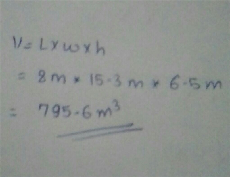 What is the volume of a rectangular prims with a length of 8 m, a width of 15.3 m-example-1