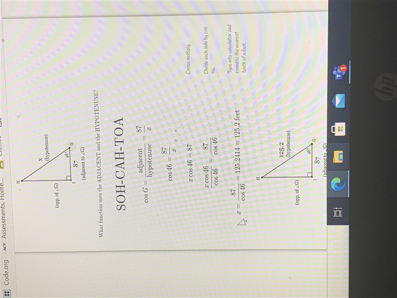 In AGHI, the measure of ZI=90°, the measure of ZG=46°, and IG = 87 feet. Find the-example-1