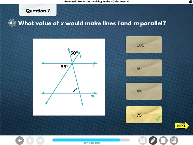 What value of x would make lines land m parallel? 50 150°: 55° 75 xº 105 m 55-example-3