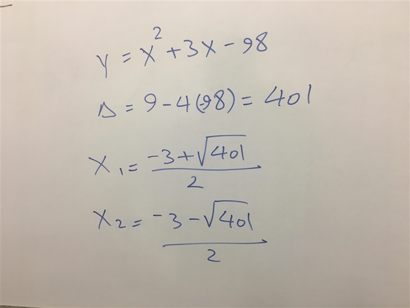 What are the roots of: y=x^2+3x-98-example-1