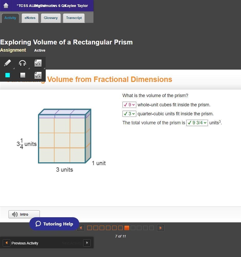 A prism with length of 3 units, height of 3 and one-fourth units, and width of 1 unit-example-1