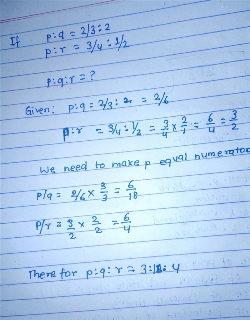 If p:q=2/3:2 and p:r=3/4:1/2, calculate the ratio p:q:r Giving your answer in its-example-1