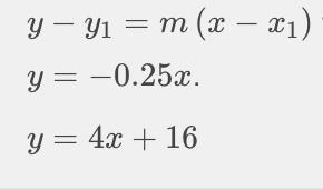 Write the equation of the line that is perpendicular to y= -0.25x and that passes-example-1