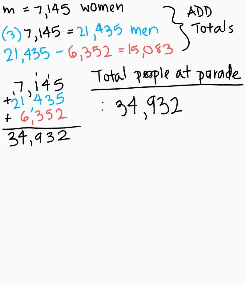 At a parade, there are m women and 3 times as many men as women. There are 6,352 fewer-example-1